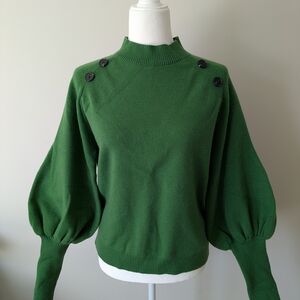 Puff Sleeve Green Sweater with Button Accents